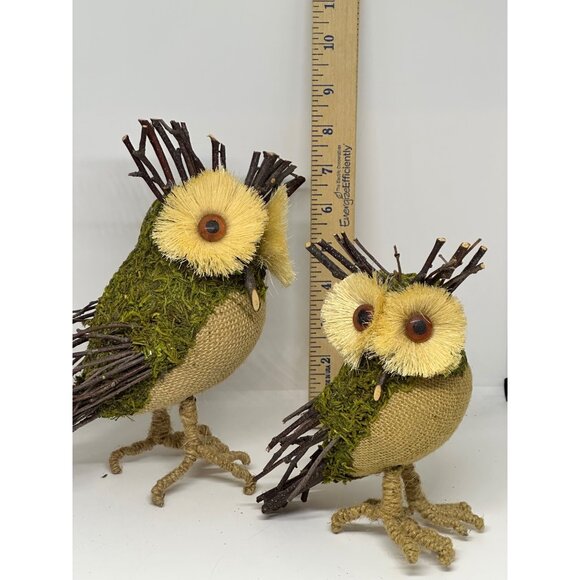 VTG Set of 2 Straw Owl Christmas Tree Ornaments Woodland Bird Burlap Moss Decor - Picture 4 of 7